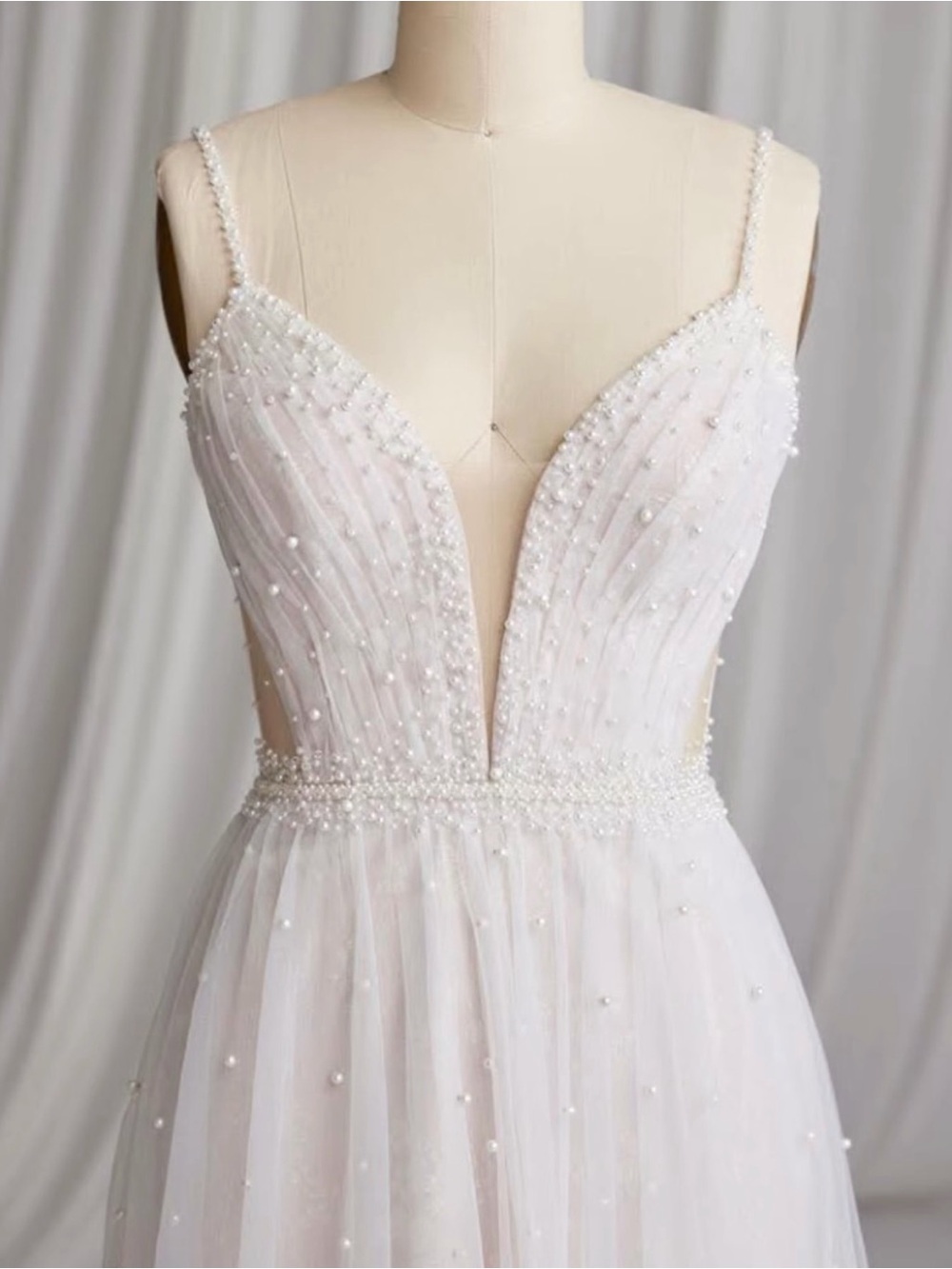 Maggie Sottero Pearl-Embellished Plunging Tulle Gown - White